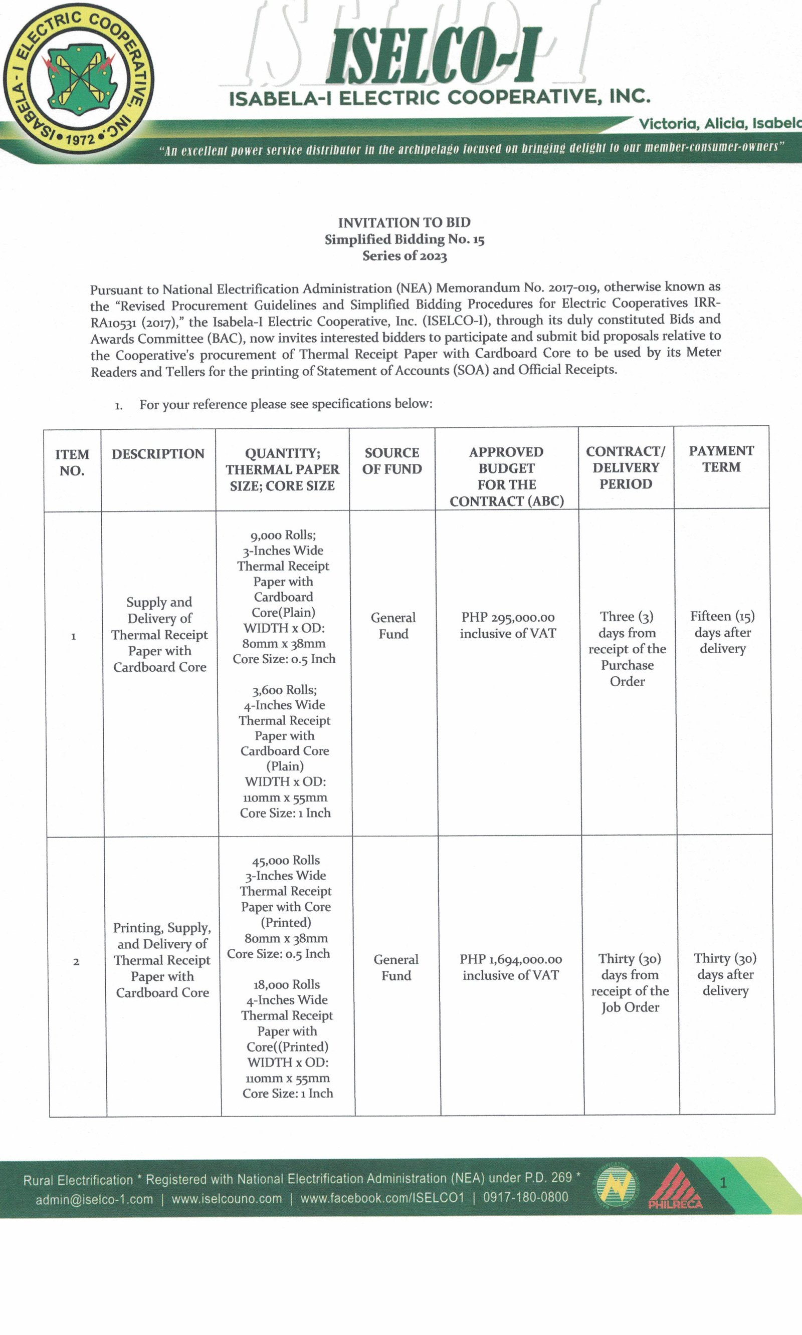 Simplified Bidding No. 15 Series of 2023 - Procurement of Thermal Receipt Paper with Cardboard Core